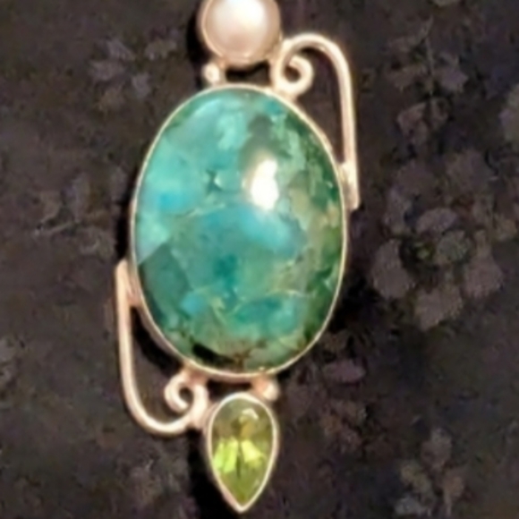 Artisan Handmade Solid Sterling Silver Pearl Genuine Chrysocolla Peridot Pendant - Picture 10 of 11